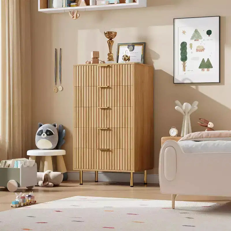 48 Tall 5-Drawer Fluted Dresser in Natural - Modern Deep-Drawer Wooden Chest with Wide Top for Bedroom, Living Room, Hallway & Kids' Room.