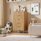 48 Tall 5-Drawer Fluted Dresser in Natural - Modern Deep-Drawer Wooden Chest with Wide Top for Bedroom, Living Room, Hallway & Kids' Room.