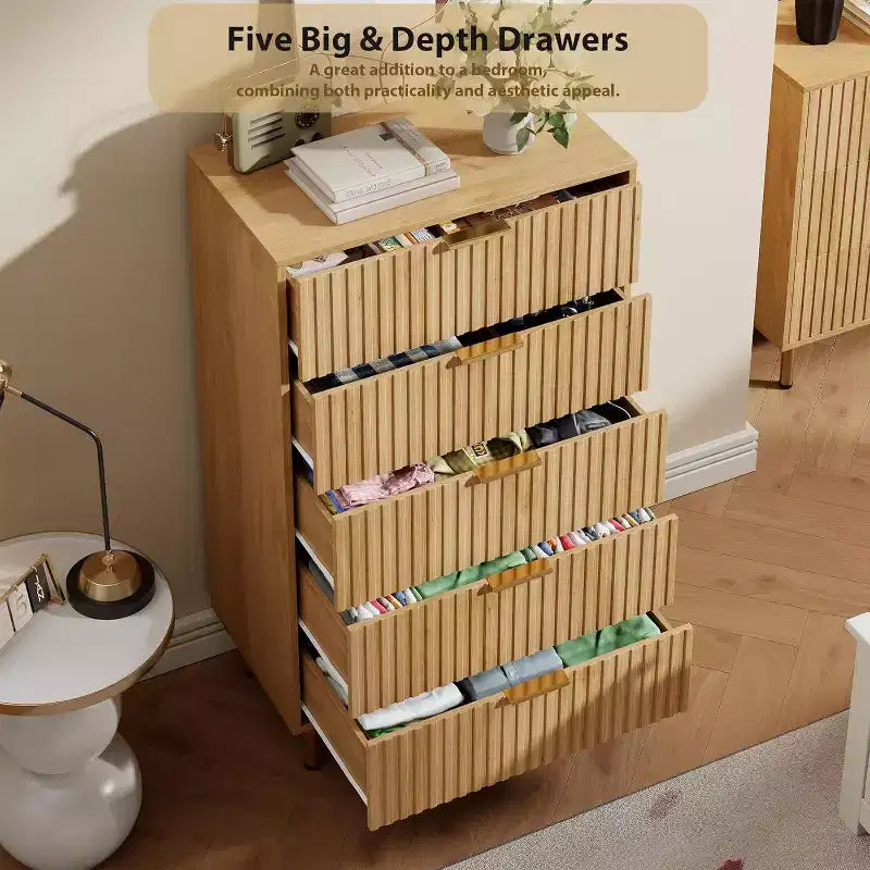 48 Tall 5-Drawer Fluted Dresser in Natural - Modern Deep-Drawer Wooden Chest with Wide Top for Bedroom, Living Room, Hallway & Kids' Room.
