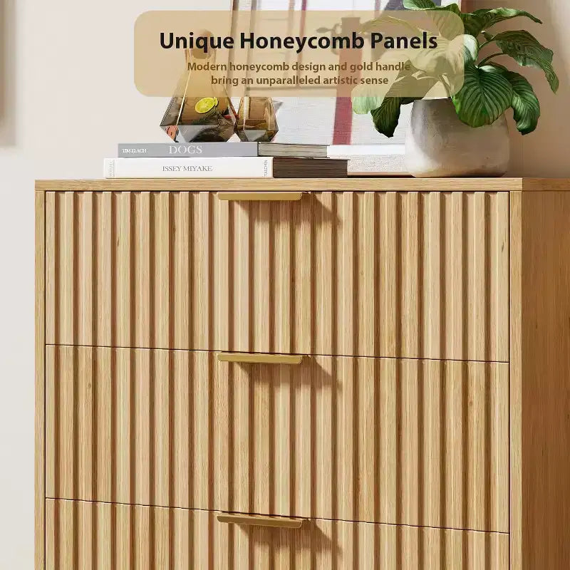 48 Tall 5-Drawer Fluted Dresser in Natural - Modern Deep-Drawer Wooden Chest with Wide Top for Bedroom, Living Room, Hallway & Kids' Room.