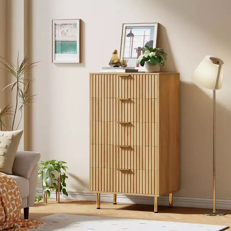 48 Tall 5-Drawer Fluted Dresser in Natural - Modern Deep-Drawer Wooden Chest with Wide Top for Bedroom, Living Room, Hallway & Kids' Room.