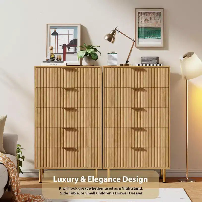 48 Tall 5-Drawer Fluted Dresser in Natural - Modern Deep-Drawer Wooden Chest with Wide Top for Bedroom, Living Room, Hallway & Kids' Room.