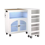 AEELLEEA Kitchen Island On Wheels with Extended Table MDF Rolling Kitchen Storage Cart 2 Fluted Glass Doors Side 3 Open Shelves White