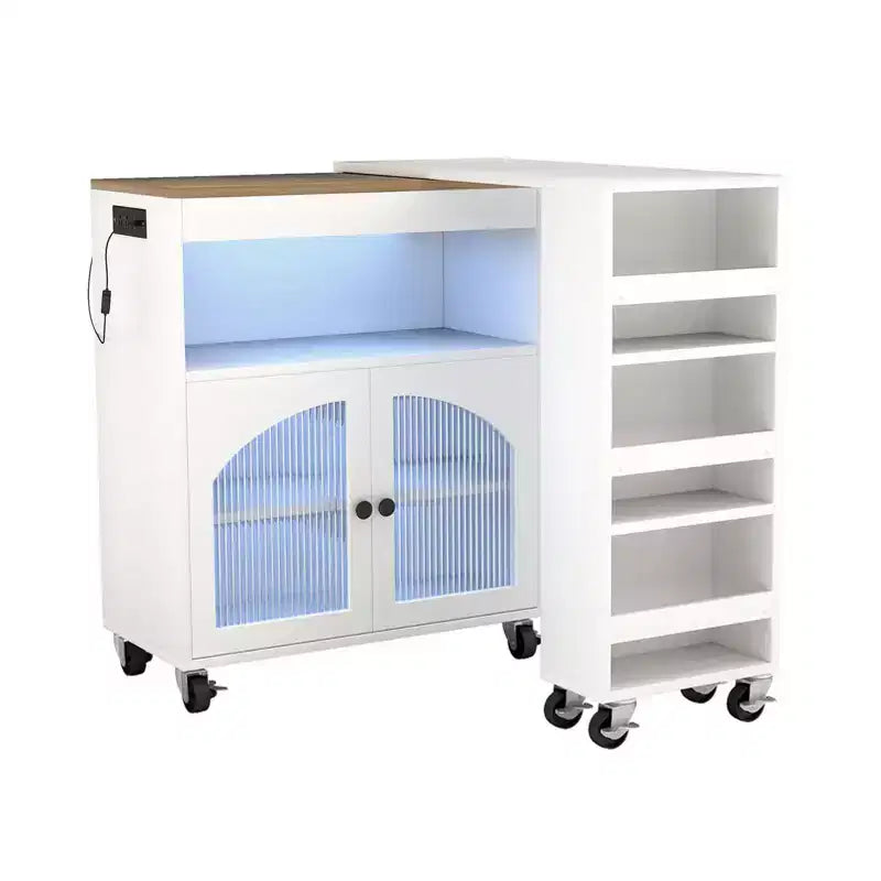 AEELLEEA Kitchen Island On Wheels with Extended Table MDF Rolling Kitchen Storage Cart 2 Fluted Glass Doors Side 3 Open Shelves White