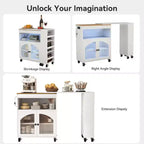 AEELLEEA Kitchen Island On Wheels with Extended Table MDF Rolling Kitchen Storage Cart 2 Fluted Glass Doors Side 3 Open Shelves White