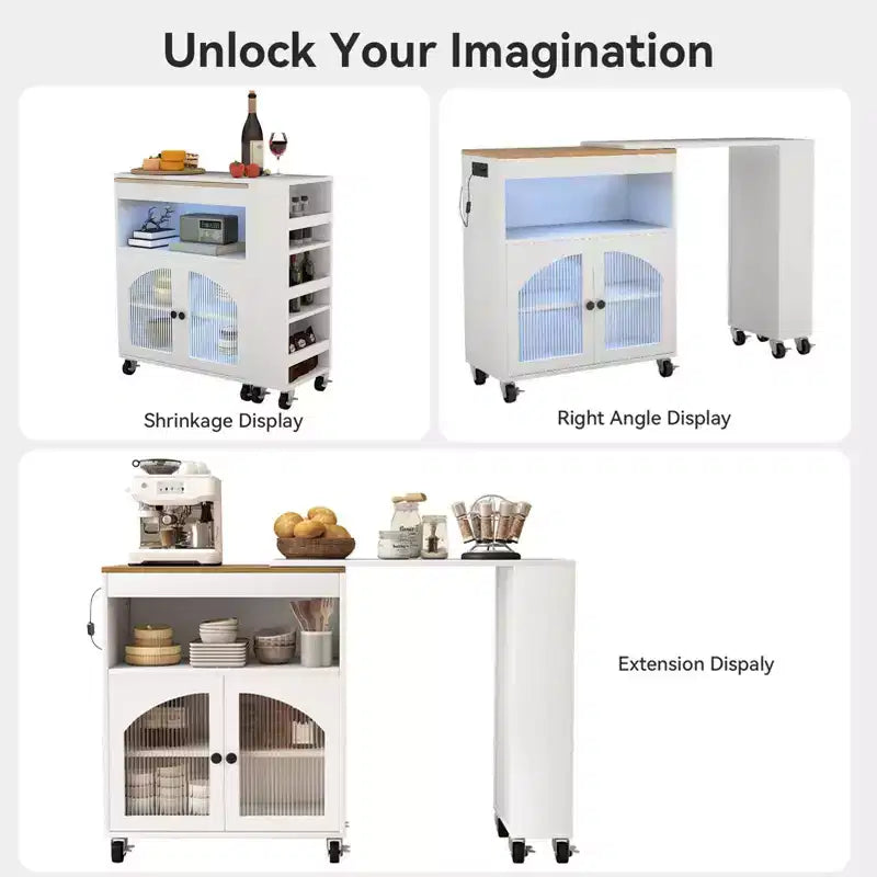 AEELLEEA Kitchen Island On Wheels with Extended Table MDF Rolling Kitchen Storage Cart 2 Fluted Glass Doors Side 3 Open Shelves White