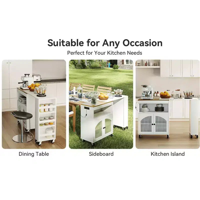 AEELLEEA Kitchen Island On Wheels with Extended Table MDF Rolling Kitchen Storage Cart 2 Fluted Glass Doors Side 3 Open Shelves White