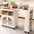 AEELLEEA Kitchen Island On Wheels with Extended Table MDF Rolling Kitchen Storage Cart 2 Fluted Glass Doors Side 3 Open Shelves White