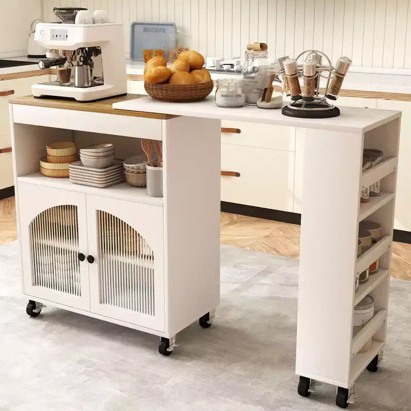 AEELLEEA Kitchen Island On Wheels with Extended Table MDF Rolling Kitchen Storage Cart 2 Fluted Glass Doors Side 3 Open Shelves White