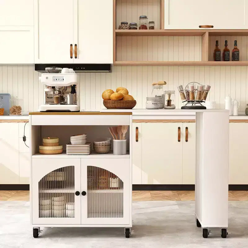 AEELLEEA Kitchen Island On Wheels with Extended Table MDF Rolling Kitchen Storage Cart 2 Fluted Glass Doors Side 3 Open Shelves White