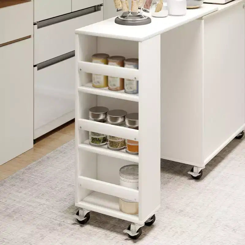 AEELLEEA Kitchen Island On Wheels with Extended Table MDF Rolling Kitchen Storage Cart 2 Fluted Glass Doors Side 3 Open Shelves White