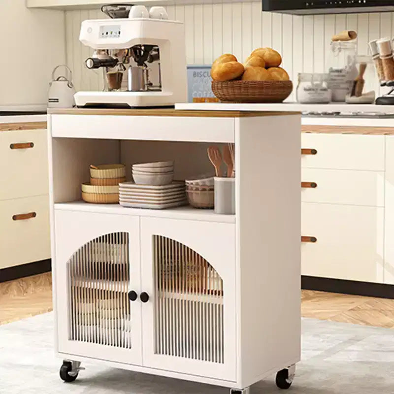 AEELLEEA Kitchen Island On Wheels with Extended Table MDF Rolling Kitchen Storage Cart 2 Fluted Glass Doors Side 3 Open Shelves White