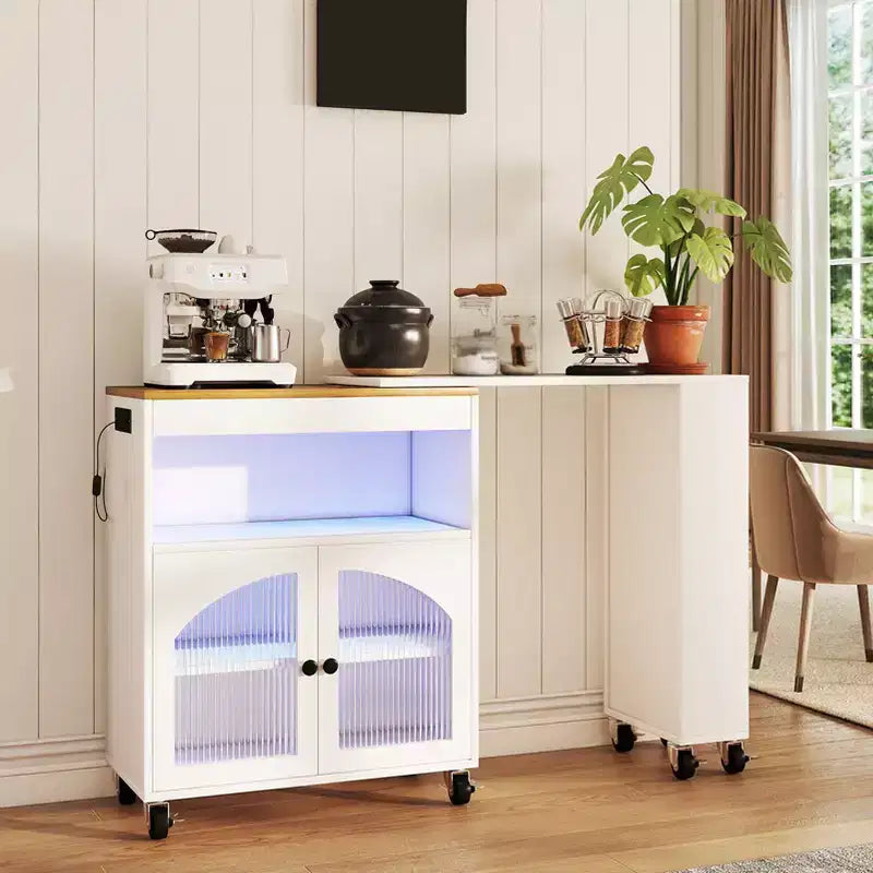 AEELLEEA Kitchen Island On Wheels with Extended Table MDF Rolling Kitchen Storage Cart 2 Fluted Glass Doors Side 3 Open Shelves White