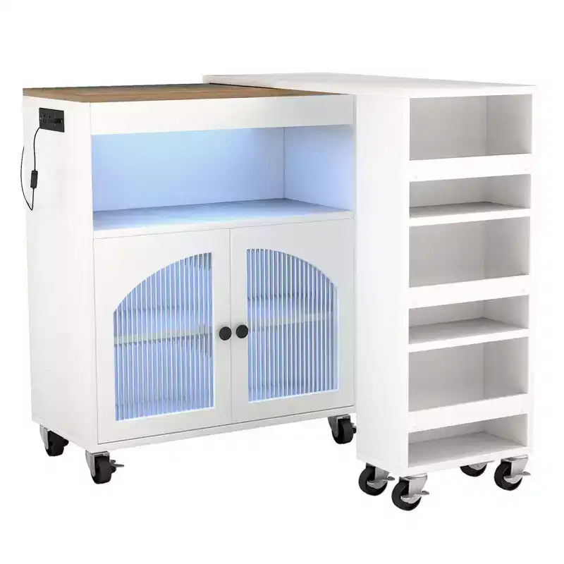 AEELLEEA Kitchen Island On Wheels with Extended Table MDF Rolling Kitchen Storage Cart 2 Fluted Glass Doors Side 3 Open Shelves White