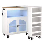 AEELLEEA Kitchen Island On Wheels with Extended Table MDF Rolling Kitchen Storage Cart 2 Fluted Glass Doors Side 3 Open Shelves White