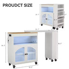 AEELLEEA Kitchen Island On Wheels with Extended Table MDF Rolling Kitchen Storage Cart 2 Fluted Glass Doors Side 3 Open Shelves White