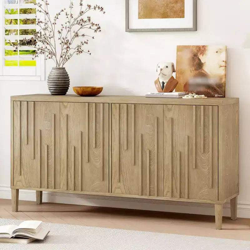 60 4-Door Sideboard,Hidden Handle,Distinctive Solid Ash Veneer Buffet with Storage Farmhouse Sideboard TV Stand Natural