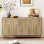 60 4-Door Sideboard,Hidden Handle,Distinctive Solid Ash Veneer Buffet with Storage Farmhouse Sideboard TV Stand Natural