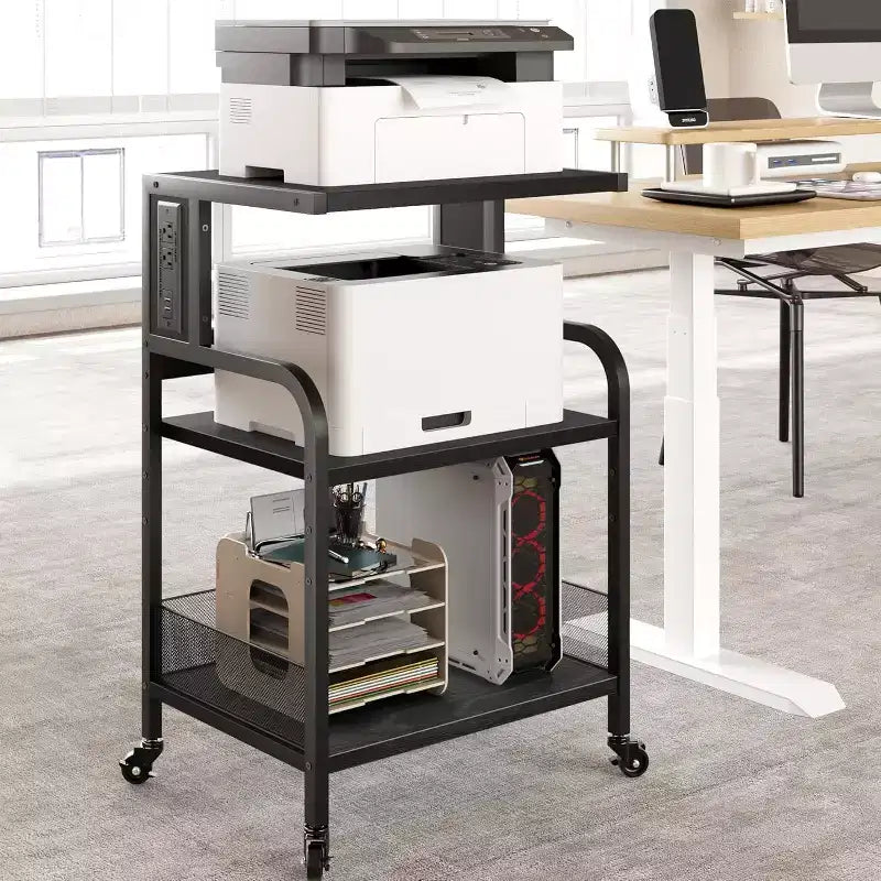 Sturdy 3-Tier Printer Stand with Wheels, 150 lbs Capacity, Printer Cart Adjustable Feet, Industrial Metal Storage Shelf
