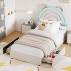 Twin Upholstered Bed Frame with 2 Storage Drawers & LED Rainbow Headboard, Platform Bed for Kids, Solid Wood Slats Support, No Box Spring Needed