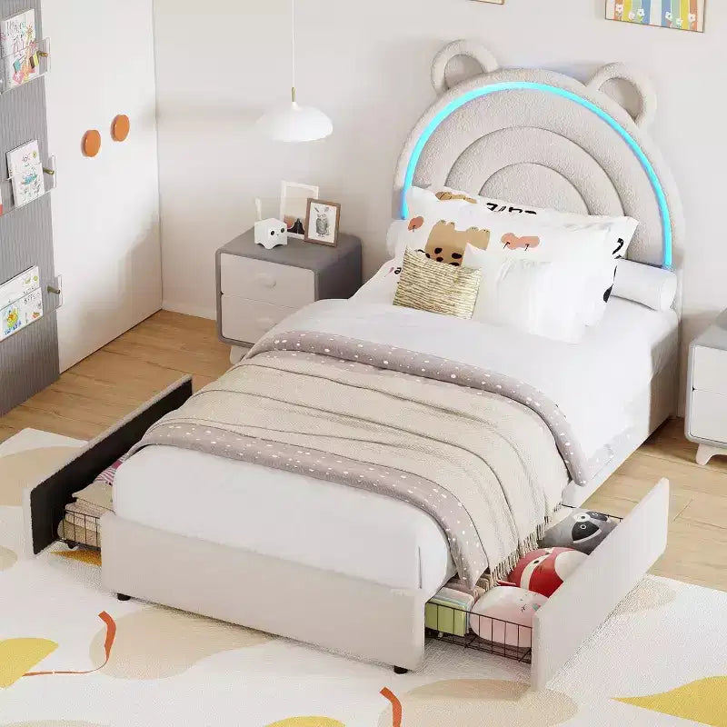 Twin Upholstered Bed Frame with 2 Storage Drawers & LED Rainbow Headboard, Platform Bed for Kids, Solid Wood Slats Support, No Box Spring Needed