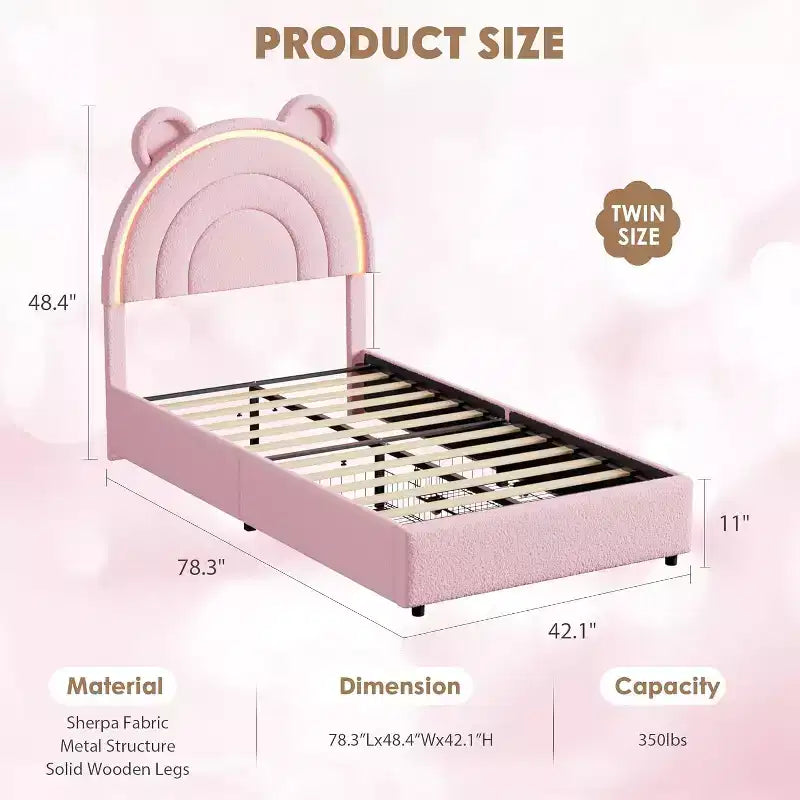 Twin Upholstered Bed Frame with 2 Storage Drawers & LED Rainbow Headboard, Platform Bed for Kids, Solid Wood Slats Support, No Box Spring Needed