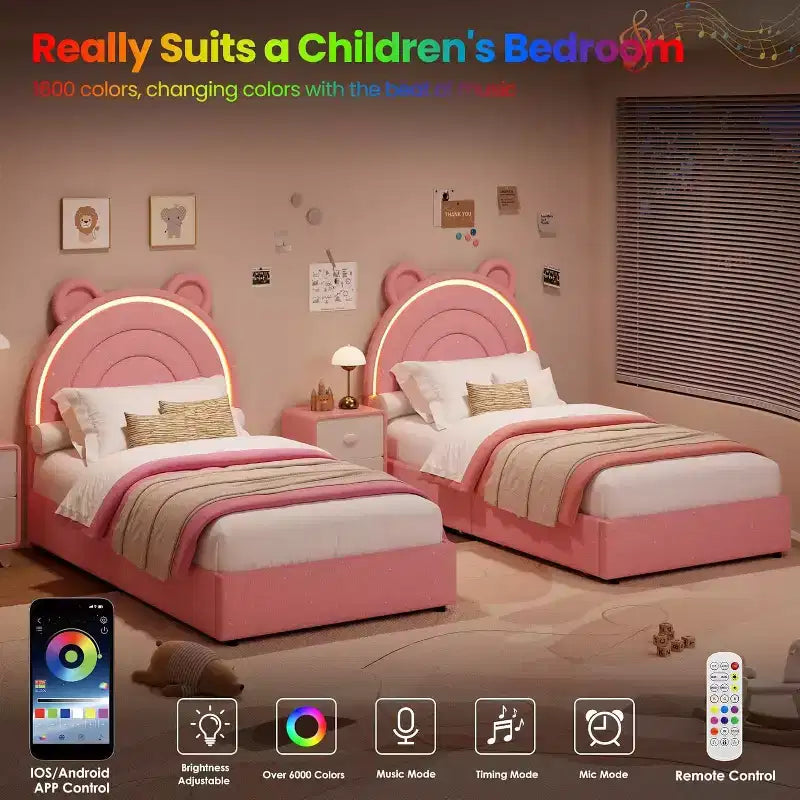 Twin Upholstered Bed Frame with 2 Storage Drawers & LED Rainbow Headboard, Platform Bed for Kids, Solid Wood Slats Support, No Box Spring Needed