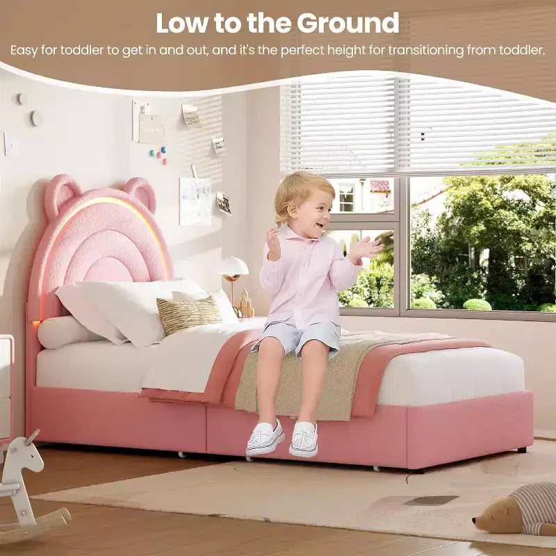 Twin Upholstered Bed Frame with 2 Storage Drawers & LED Rainbow Headboard, Platform Bed for Kids, Solid Wood Slats Support, No Box Spring Needed