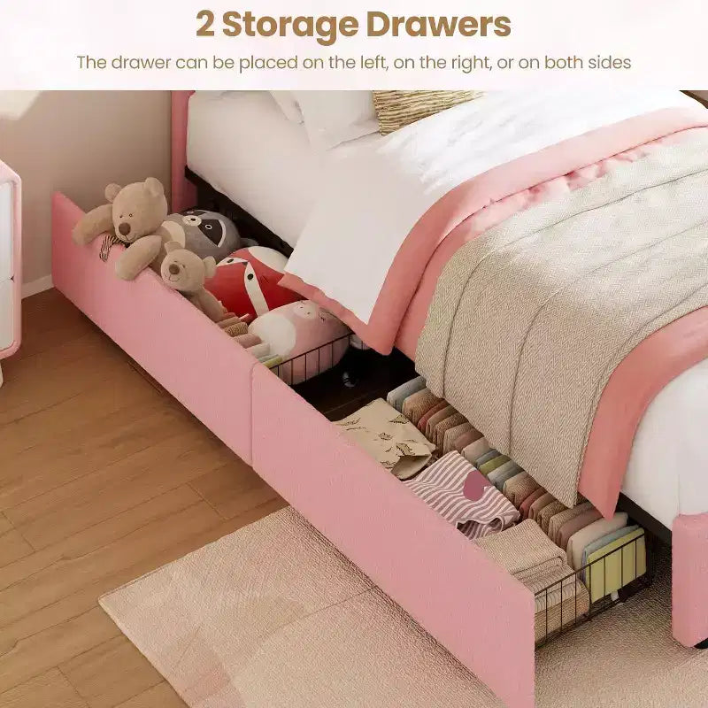 Twin Upholstered Bed Frame with 2 Storage Drawers & LED Rainbow Headboard, Platform Bed for Kids, Solid Wood Slats Support, No Box Spring Needed