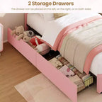 Twin Upholstered Bed Frame with 2 Storage Drawers & LED Rainbow Headboard, Platform Bed for Kids, Solid Wood Slats Support, No Box Spring Needed