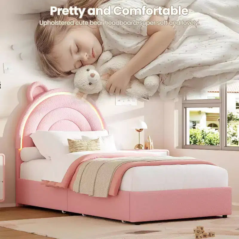 Twin Upholstered Bed Frame with 2 Storage Drawers & LED Rainbow Headboard, Platform Bed for Kids, Solid Wood Slats Support, No Box Spring Needed