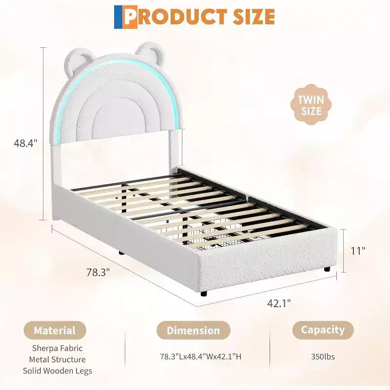 Twin Upholstered Bed Frame with 2 Storage Drawers & LED Rainbow Headboard, Platform Bed for Kids, Solid Wood Slats Support, No Box Spring Needed