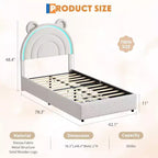 Twin Upholstered Bed Frame with 2 Storage Drawers & LED Rainbow Headboard, Platform Bed for Kids, Solid Wood Slats Support, No Box Spring Needed