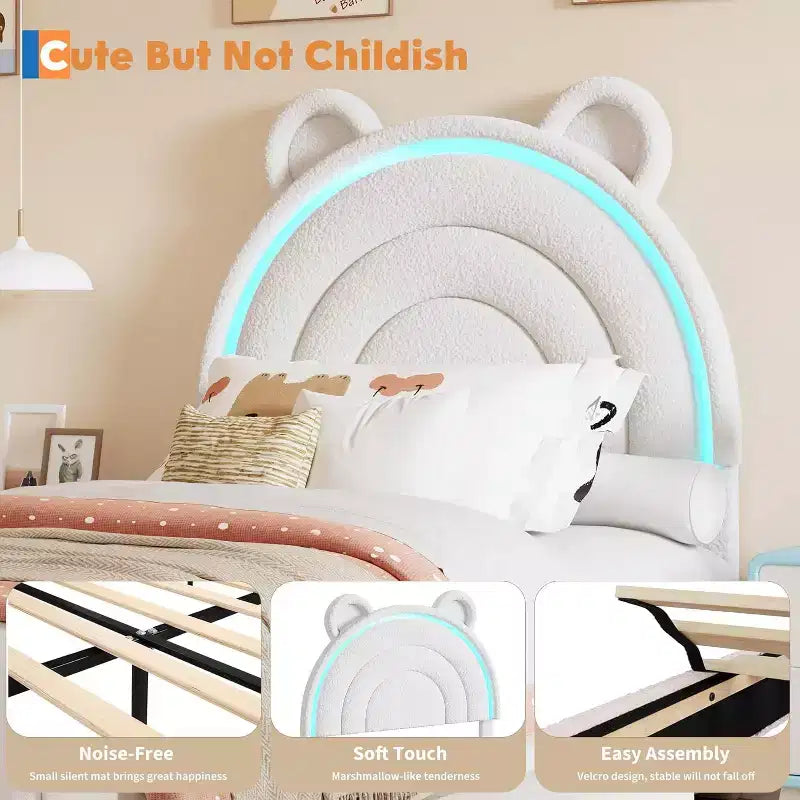 Twin Upholstered Bed Frame with 2 Storage Drawers & LED Rainbow Headboard, Platform Bed for Kids, Solid Wood Slats Support, No Box Spring Needed