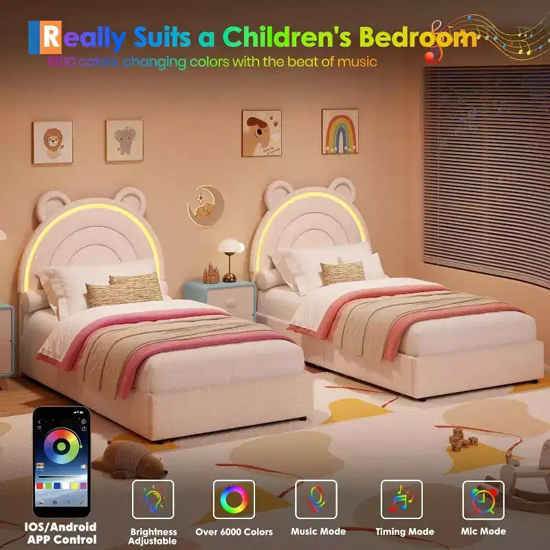 Twin Upholstered Bed Frame with 2 Storage Drawers & LED Rainbow Headboard, Platform Bed for Kids, Solid Wood Slats Support, No Box Spring Needed