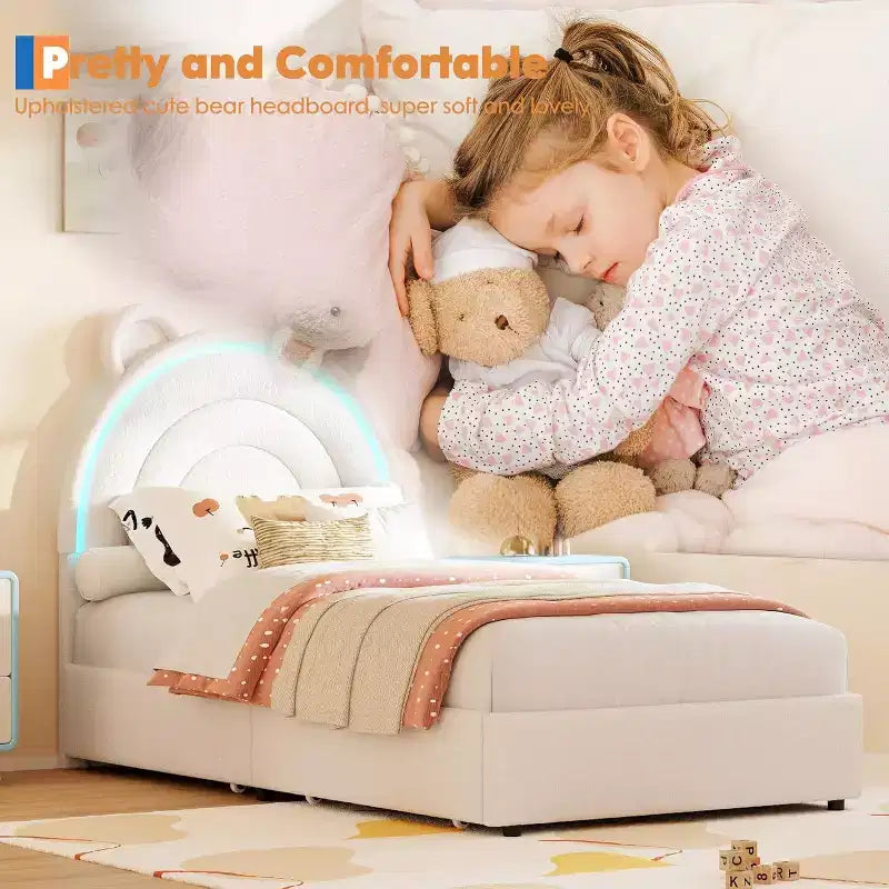 Twin Upholstered Bed Frame with 2 Storage Drawers & LED Rainbow Headboard, Platform Bed for Kids, Solid Wood Slats Support, No Box Spring Needed