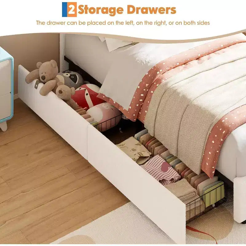 Twin Upholstered Bed Frame with 2 Storage Drawers & LED Rainbow Headboard, Platform Bed for Kids, Solid Wood Slats Support, No Box Spring Needed