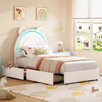 Twin Upholstered Bed Frame with 2 Storage Drawers & LED Rainbow Headboard, Platform Bed for Kids, Solid Wood Slats Support, No Box Spring Needed