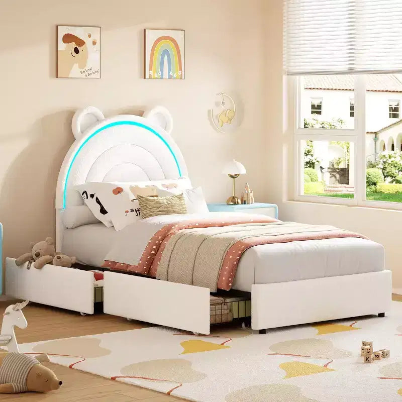 Twin Upholstered Bed Frame with 2 Storage Drawers & LED Rainbow Headboard, Platform Bed for Kids, Solid Wood Slats Support, No Box Spring Needed
