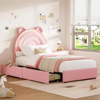 Twin Upholstered Bed Frame with 2 Storage Drawers & LED Rainbow Headboard, Platform Bed for Kids, Solid Wood Slats Support, No Box Spring Needed