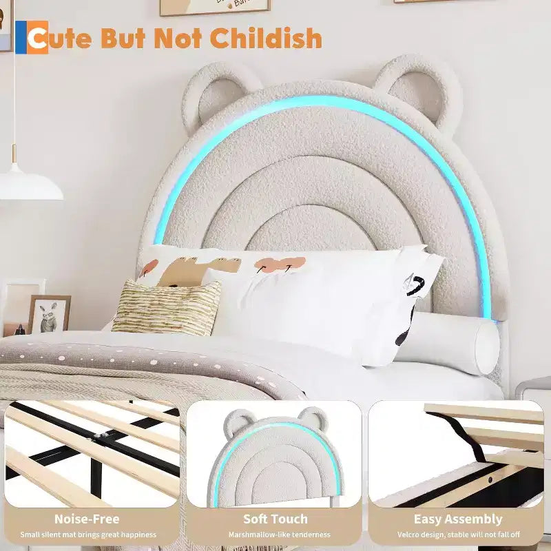 Twin Upholstered Bed Frame with 2 Storage Drawers & LED Rainbow Headboard, Platform Bed for Kids, Solid Wood Slats Support, No Box Spring Needed