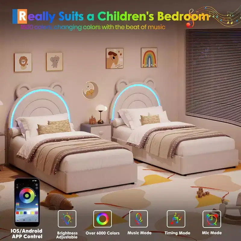 Twin Upholstered Bed Frame with 2 Storage Drawers & LED Rainbow Headboard, Platform Bed for Kids, Solid Wood Slats Support, No Box Spring Needed