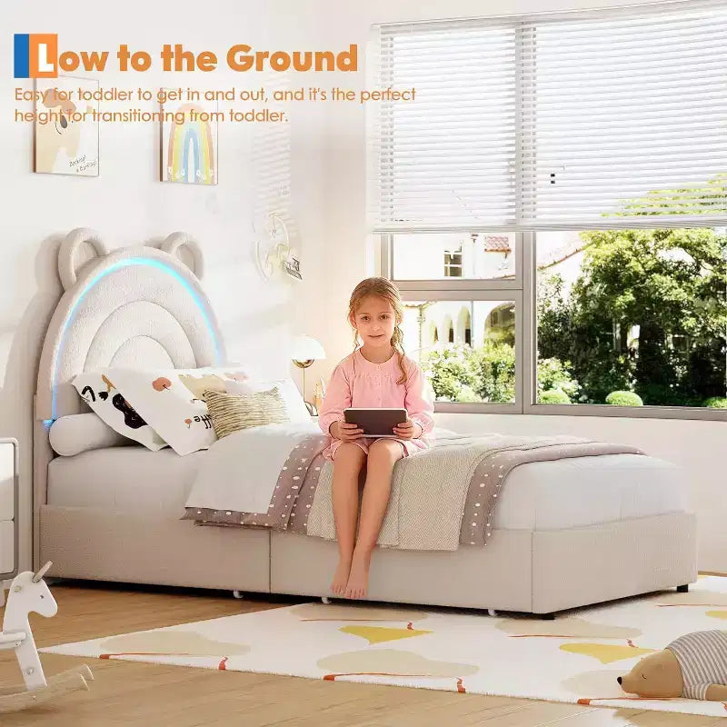 Twin Upholstered Bed Frame with 2 Storage Drawers & LED Rainbow Headboard, Platform Bed for Kids, Solid Wood Slats Support, No Box Spring Needed