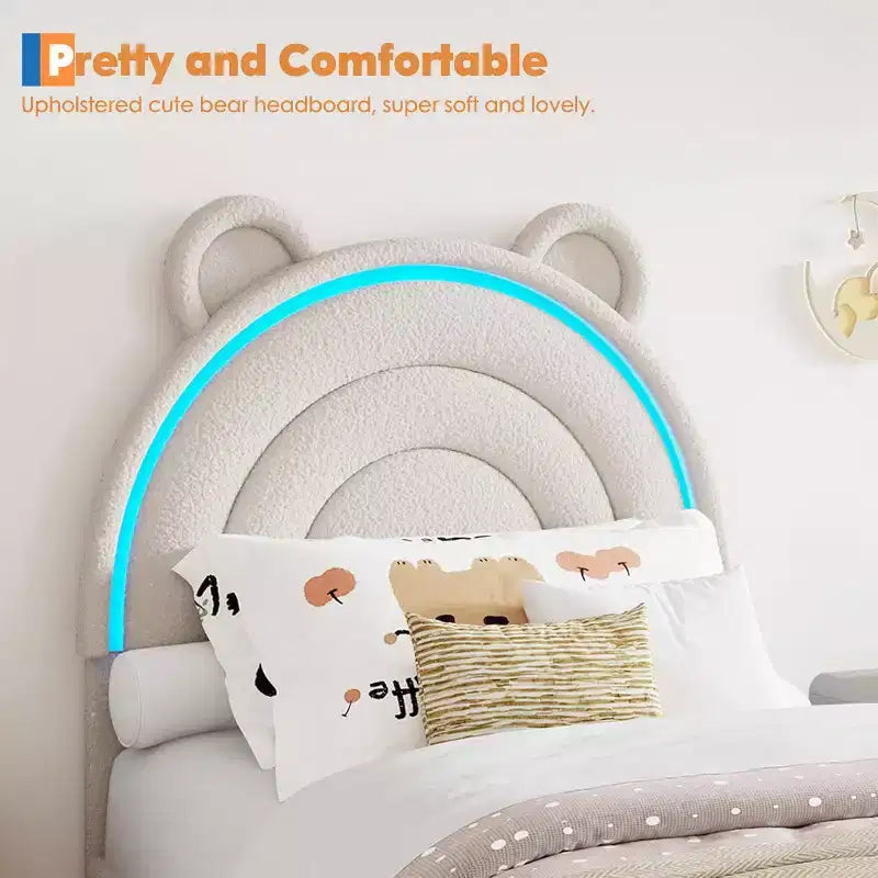 Twin Upholstered Bed Frame with 2 Storage Drawers & LED Rainbow Headboard, Platform Bed for Kids, Solid Wood Slats Support, No Box Spring Needed