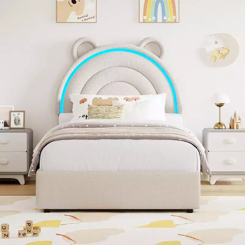Twin Upholstered Bed Frame with 2 Storage Drawers & LED Rainbow Headboard, Platform Bed for Kids, Solid Wood Slats Support, No Box Spring Needed