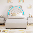 Twin Upholstered Bed Frame with 2 Storage Drawers & LED Rainbow Headboard, Platform Bed for Kids, Solid Wood Slats Support, No Box Spring Needed