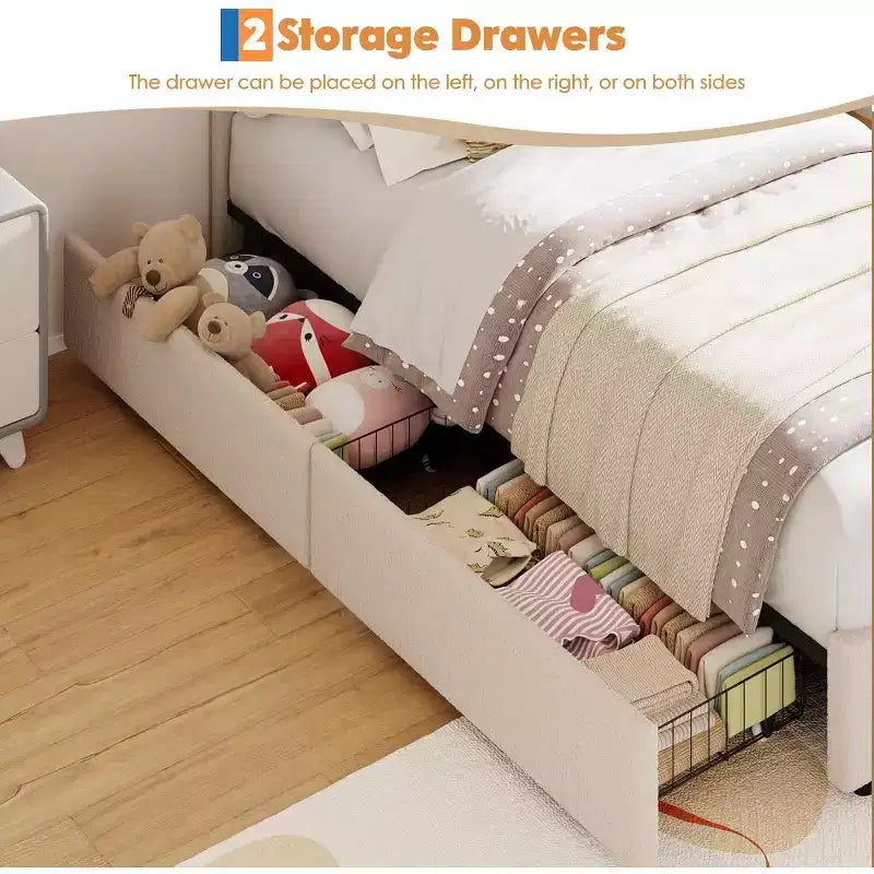 Twin Upholstered Bed Frame with 2 Storage Drawers & LED Rainbow Headboard, Platform Bed for Kids, Solid Wood Slats Support, No Box Spring Needed