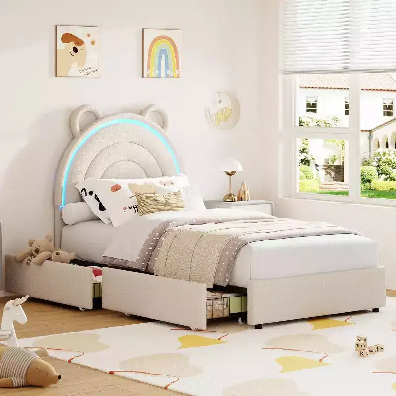 Twin Upholstered Bed Frame with 2 Storage Drawers & LED Rainbow Headboard, Platform Bed for Kids, Solid Wood Slats Support, No Box Spring Needed