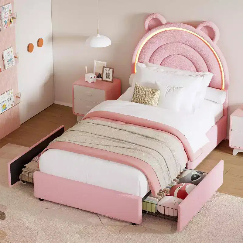 Twin Upholstered Bed Frame with 2 Storage Drawers & LED Rainbow Headboard, Platform Bed for Kids, Solid Wood Slats Support, No Box Spring Needed