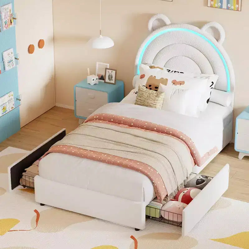 Twin Upholstered Bed Frame with 2 Storage Drawers & LED Rainbow Headboard, Platform Bed for Kids, Solid Wood Slats Support, No Box Spring Needed